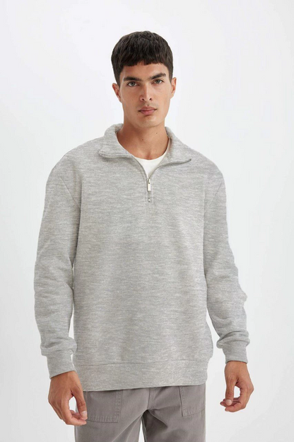 Uzun Kol Yarım Farmuarlı Yakalı Basic SweatShirt - Gri -
