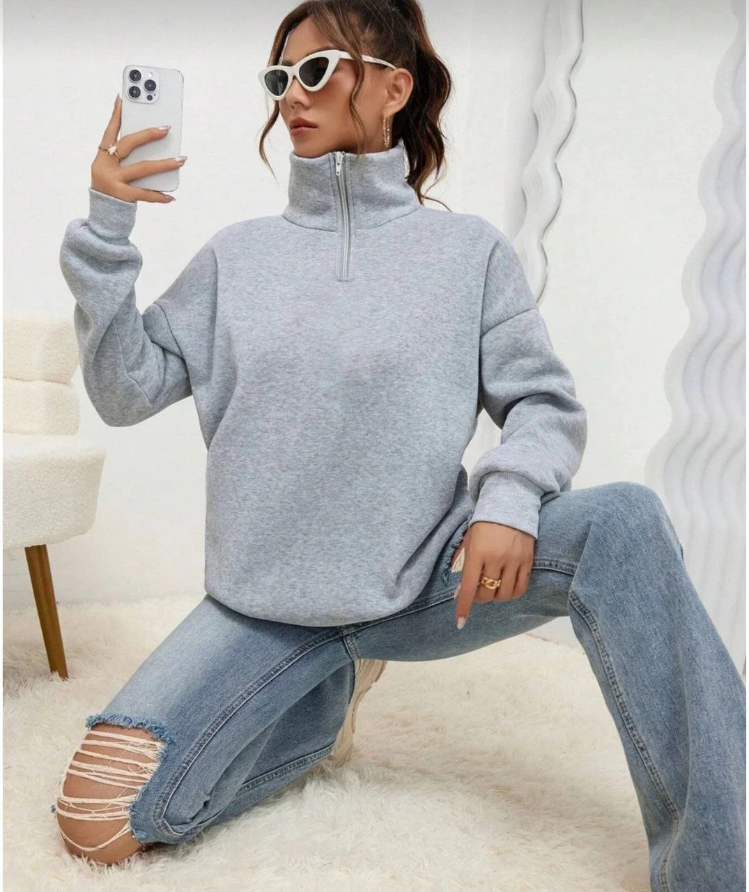 Uzun Kol Yarım Farmuarlı Yakalı Basic SweatShirt - Gri -