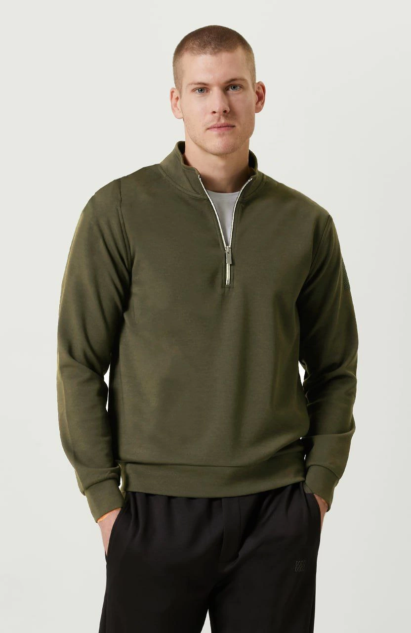 Erkek 3 iplik Pamuklu Uzun Kol Yarım Farmuarlı Yakalı SweatShirt - - Haki