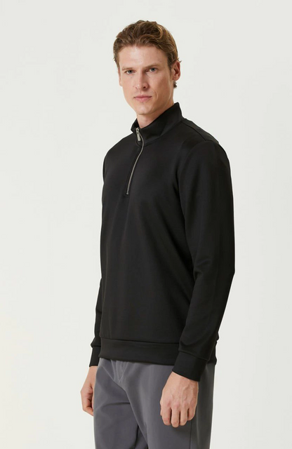 Uzun Kol Yarım Farmuarlı Yakalı Basic SweatShirt - Siyah -