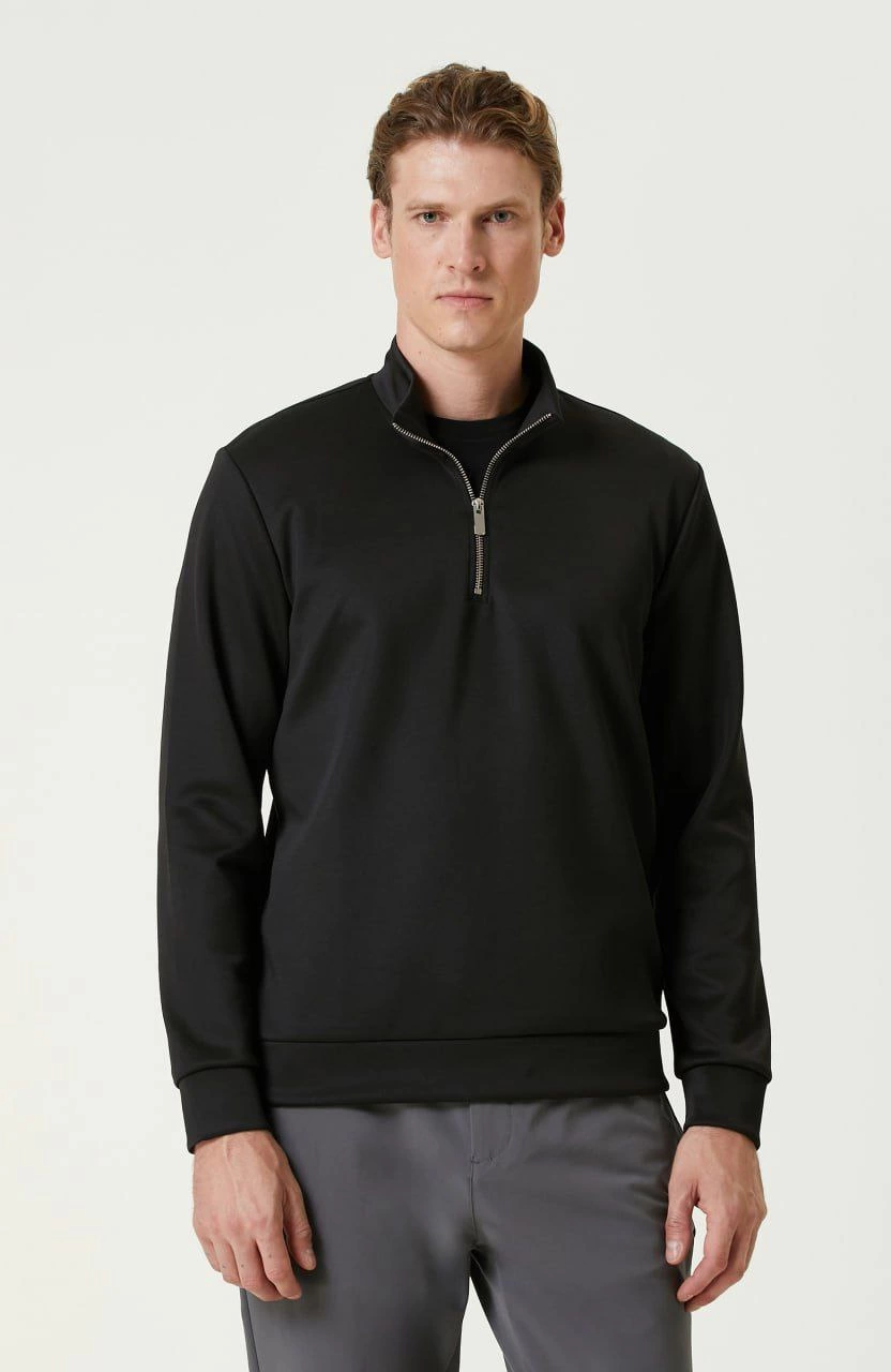 Uzun Kol Yarım Farmuarlı Yakalı Basic SweatShirt - Siyah -