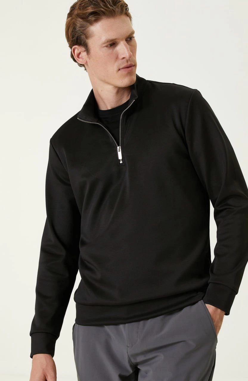 Uzun Kol Yarım Farmuarlı Yakalı Basic SweatShirt - Siyah -