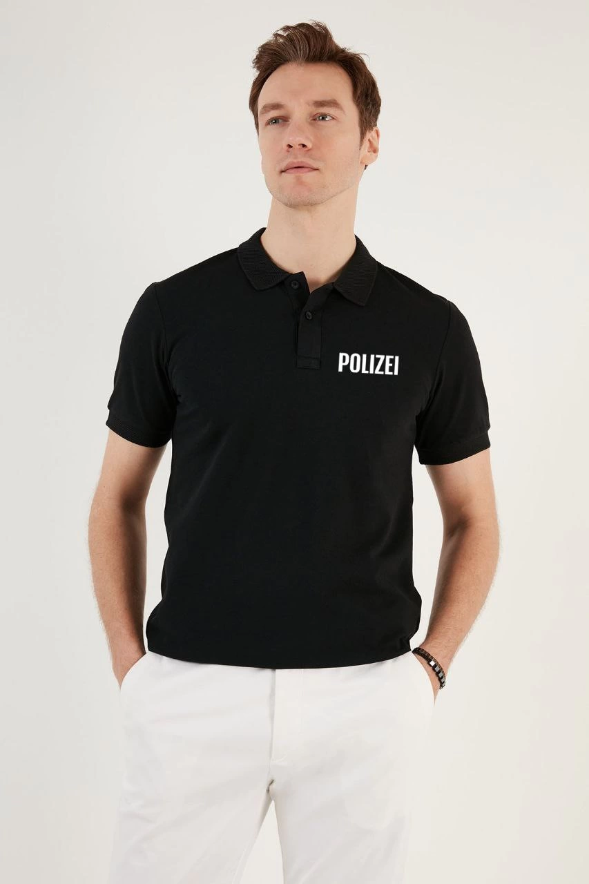 Yakası Düğmeli Yakalı Pike Baskılı T-Shirt - Siyah -