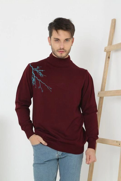 Yarım Boğazlı Baskılı Dokuma Triko - Bordo