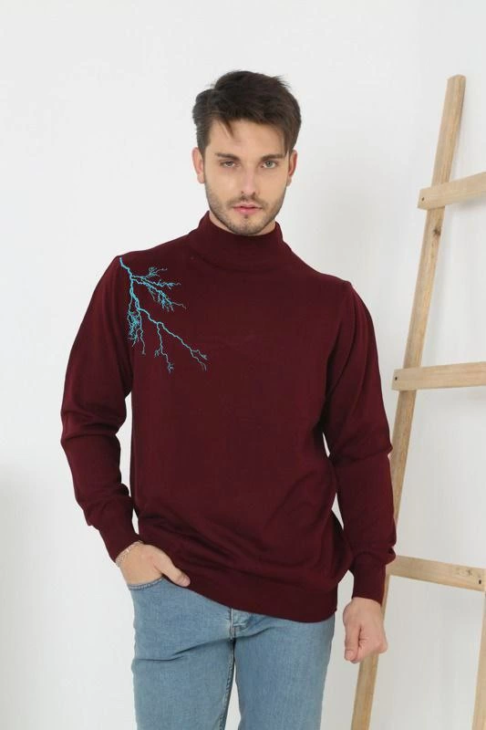 Yarım Boğazlı Baskılı Dokuma Triko - Bordo