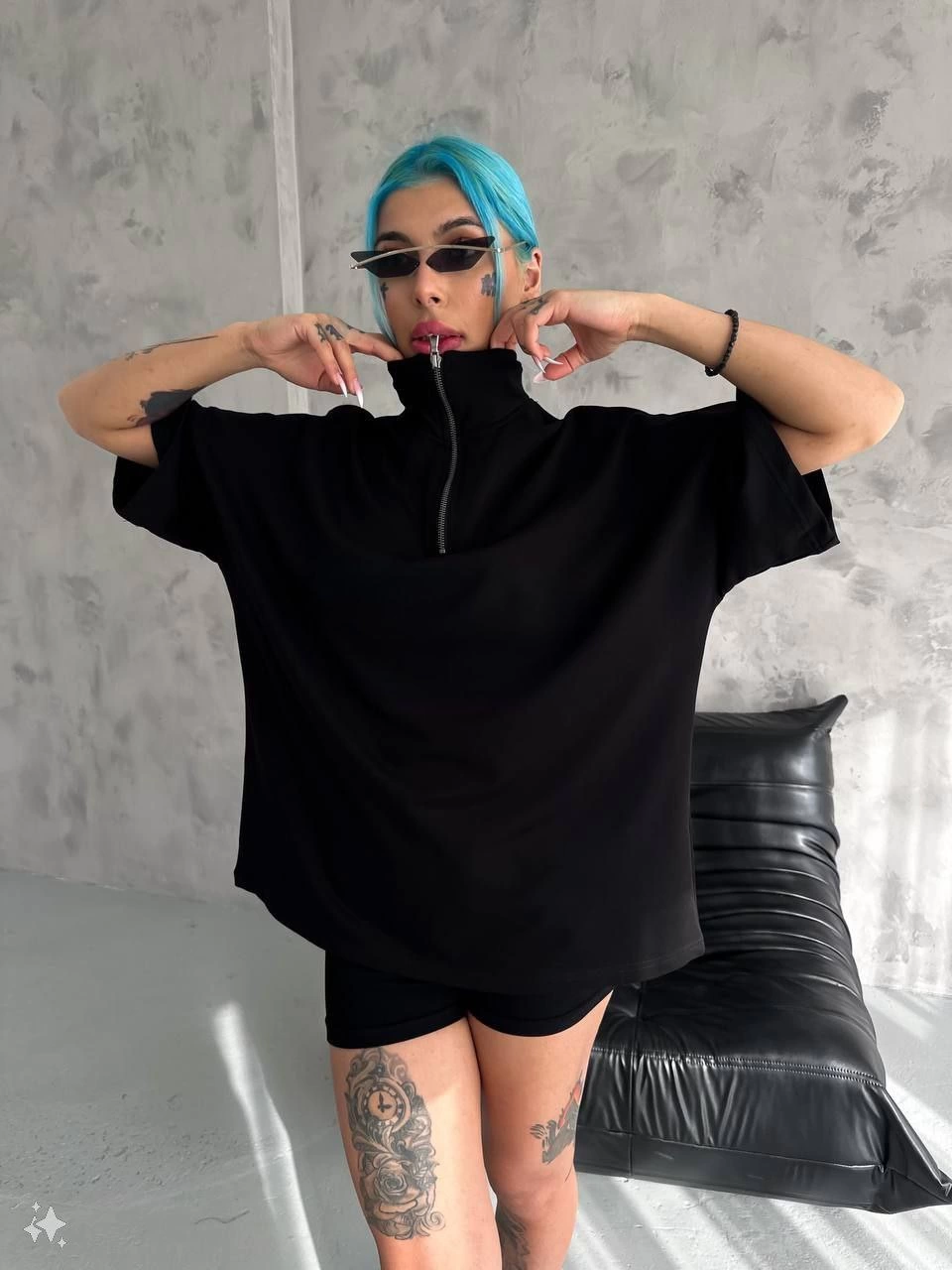Yarım Fermuarlı Basic T-Shirt - Siyah -