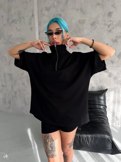 Yarım Fermuarlı Basic T-Shirt - Siyah -