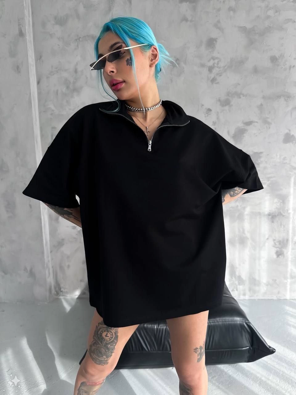 Yarım Fermuarlı Basic T-Shirt - Siyah -