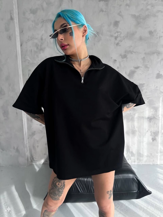 Yarım Fermuarlı Basic T-Shirt - Siyah -