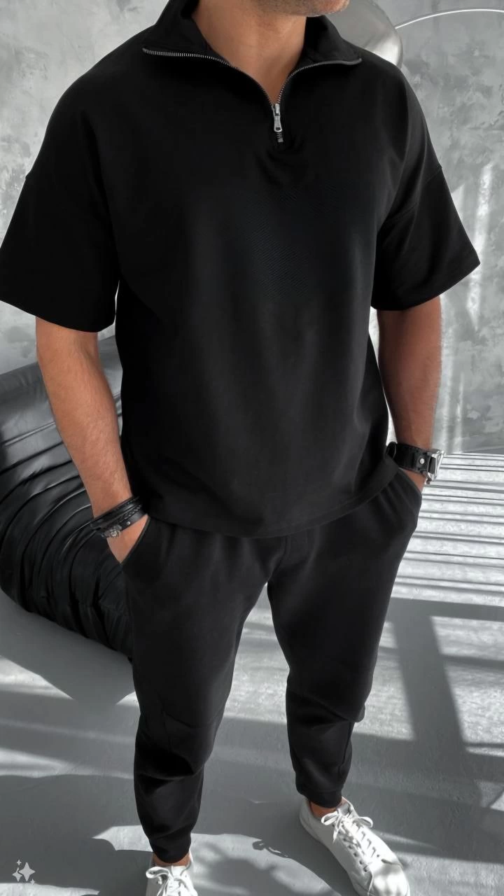 Yarım Fermuarlı Basic T-Shirt - Siyah -