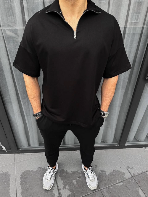 Yarım Fermuarlı Basic T-Shirt - Siyah -