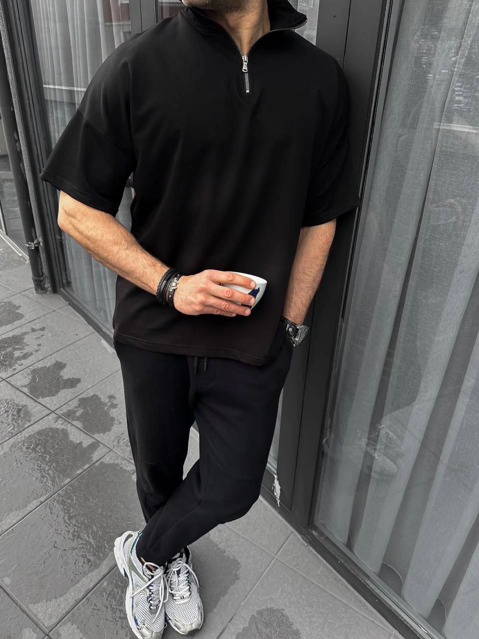 Yarım Fermuarlı Basic T-Shirt - Siyah -