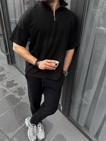Yarım Fermuarlı Basic T-Shirt - Siyah -