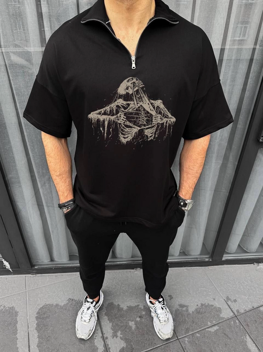 Yarım Fermuarlı Baskılı Oversize T-Shirt - Siyah -
