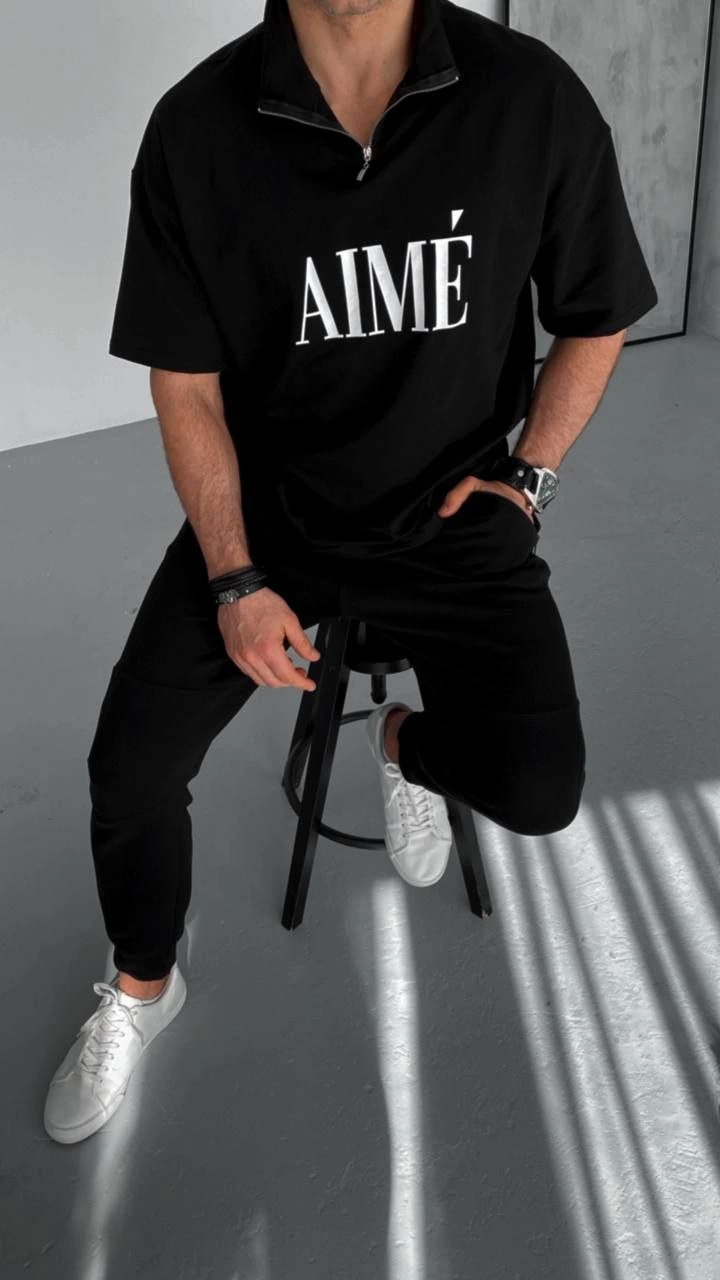 Yarım Fermuarlı Baskılı T-Shirt - Siyah -
