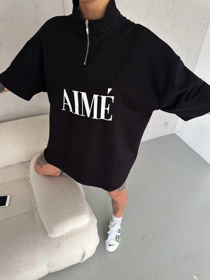 Yarım Fermuarlı Baskılı T-Shirt - Siyah -