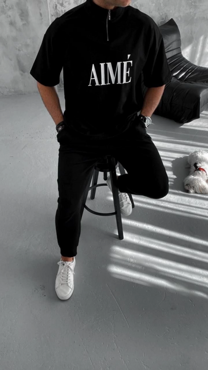 Yarım Fermuarlı Baskılı T-Shirt - Siyah -