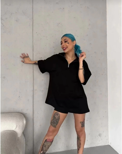 Yarım Fermuarlı Düz Oversize T-Shirt - Siyah -