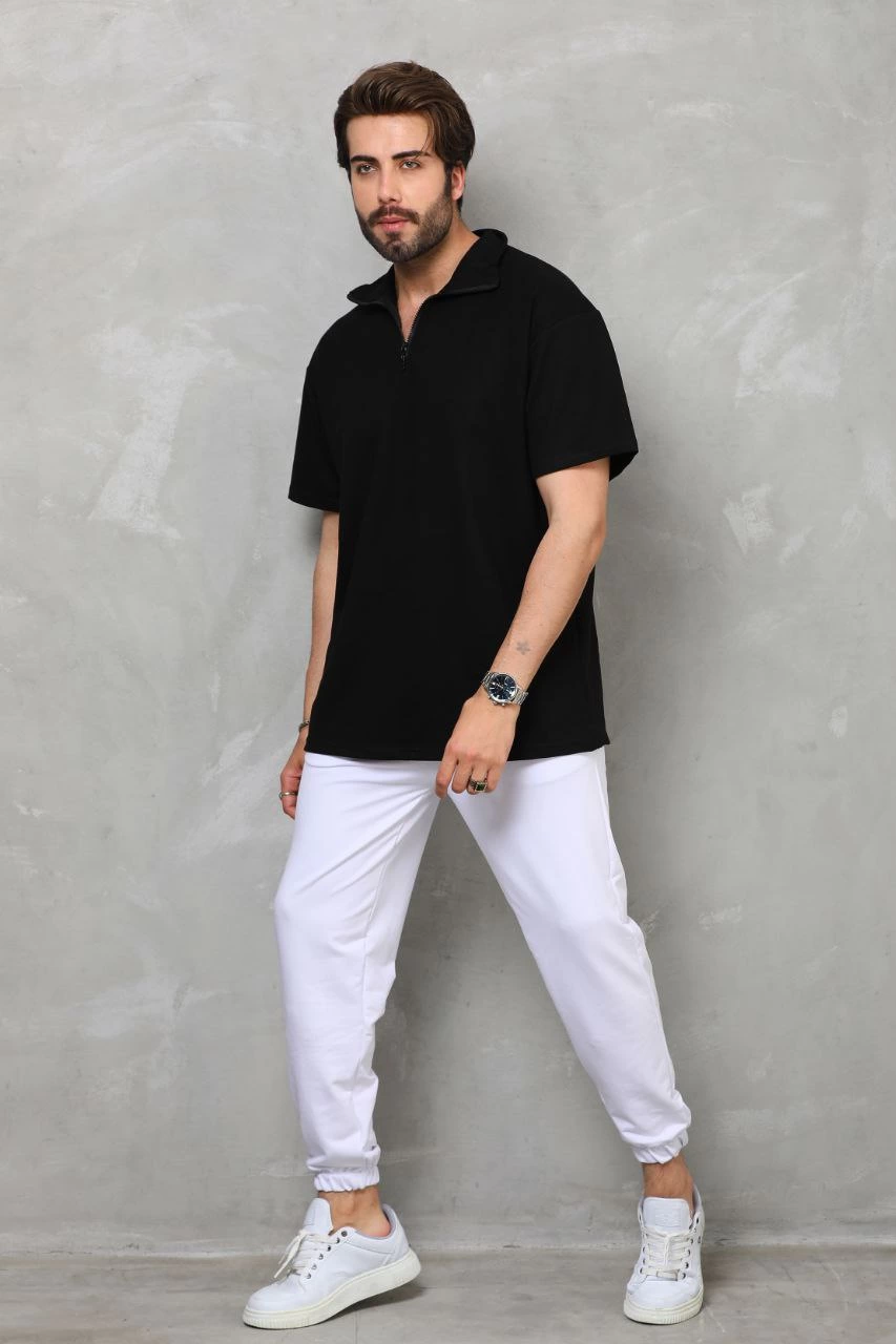 Yarım Fermuarlı Düz Oversize T-shirt - Siyah -