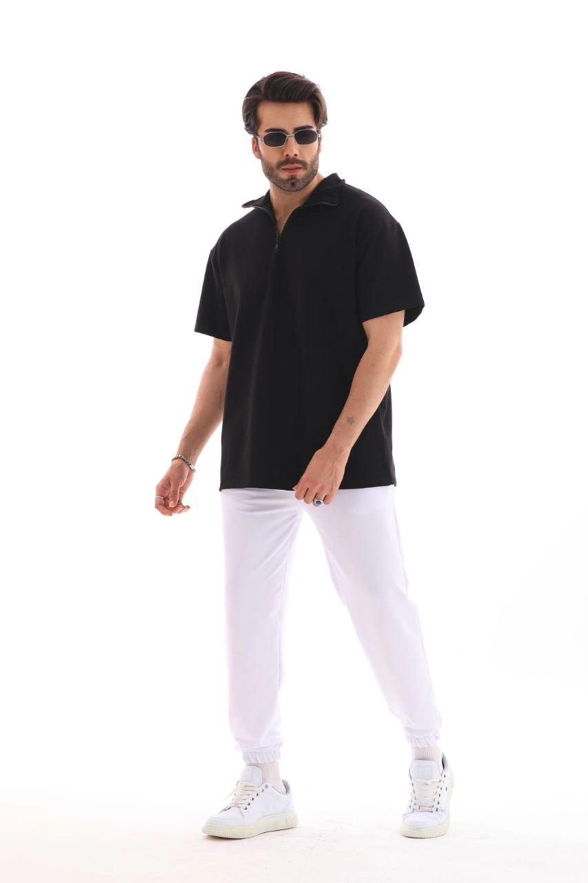 Yarım Fermuarlı Düz Oversize T-shirt - Siyah -