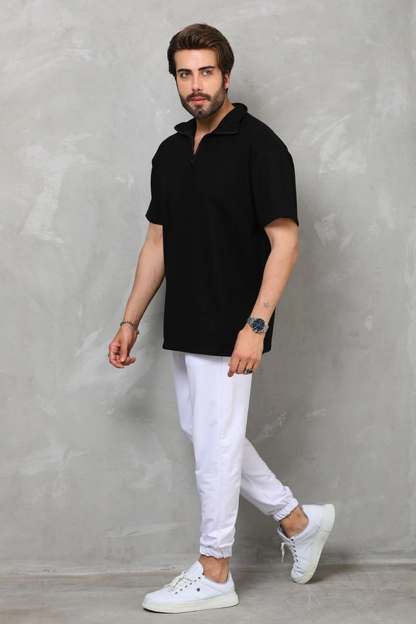 Yarım Fermuarlı Düz Oversize T-shirt - Siyah -