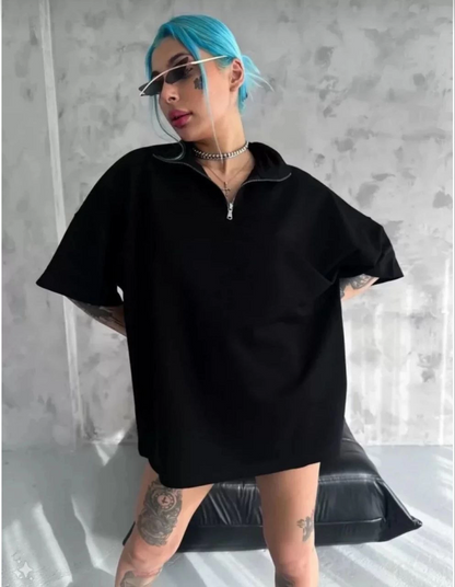Yarım Fermuarlı Düz Oversize T-Shirt - Siyah -
