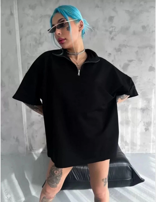 Yarım Fermuarlı Düz Oversize T-Shirt - Siyah -