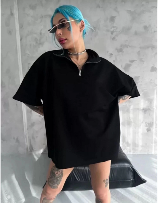 Yarım Fermuarlı Düz Oversize T-Shirt - Siyah -