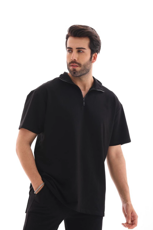 Yarım Fermuarlı Düz Oversize T-shirt - Siyah -