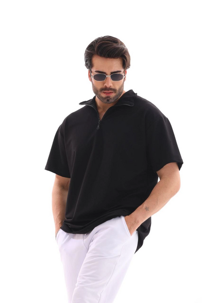 Yarım Fermuarlı Düz Oversize T-shirt - Siyah -
