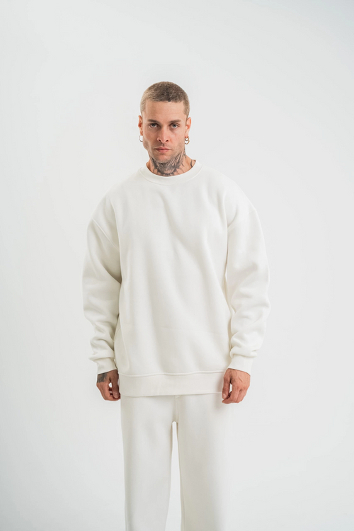 Uzun Kol Bisiklet Yaka Basic SweatShirt - Beyaz -