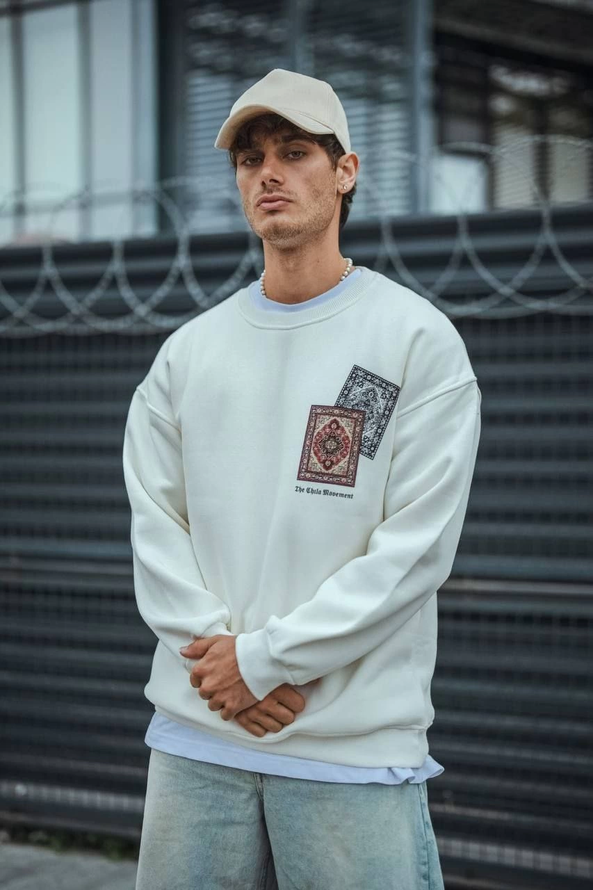 Uzun Kol Bisiklet Yaka Baskılı SweatShirt - Beyaz -