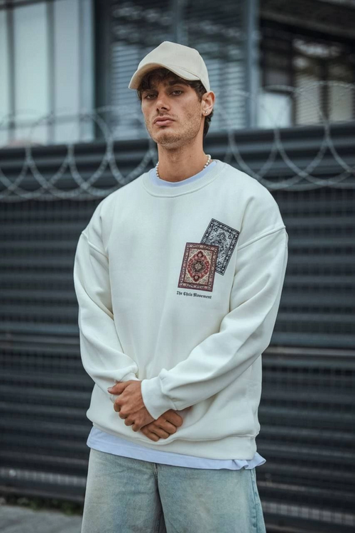 Uzun Kol Bisiklet Yaka Baskılı SweatShirt - Beyaz -