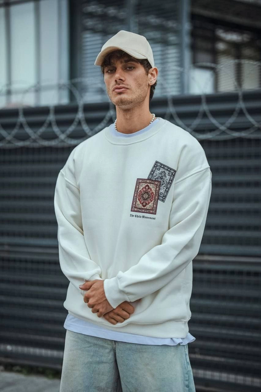 Uzun Kol Bisiklet Yaka Baskılı SweatShirt - Beyaz -