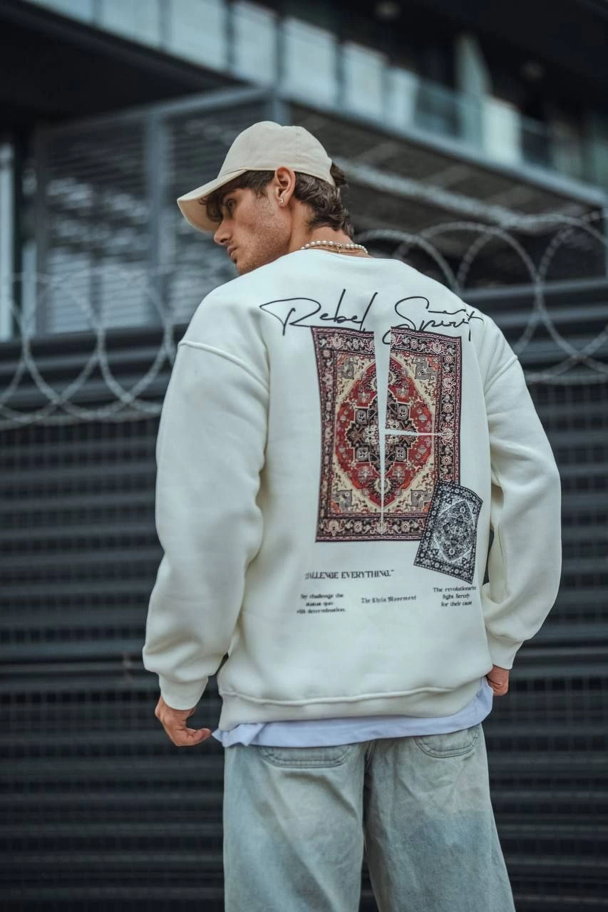Uzun Kol Bisiklet Yaka Baskılı SweatShirt - Beyaz -