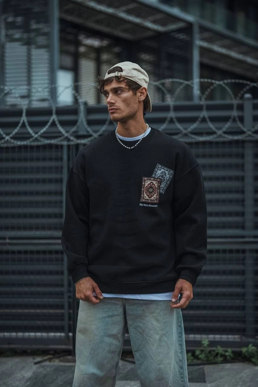 Uzun Kol Bisiklet Yaka Baskılı SweatShirt - Siyah -