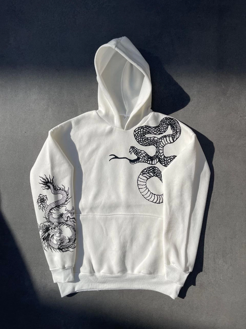 Uzun Kol Kapüşonlu Baskılı SweatShirt - Beyaz -