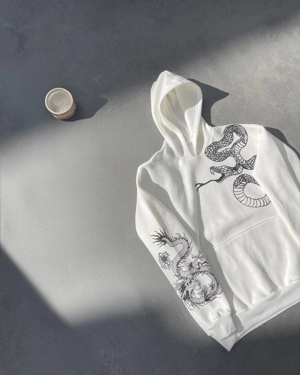 Uzun Kol Kapüşonlu Baskılı SweatShirt - Beyaz -