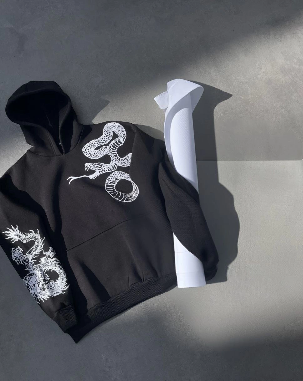 Uzun Kol Kapüşonlu Baskılı SweatShirt - Siyah -