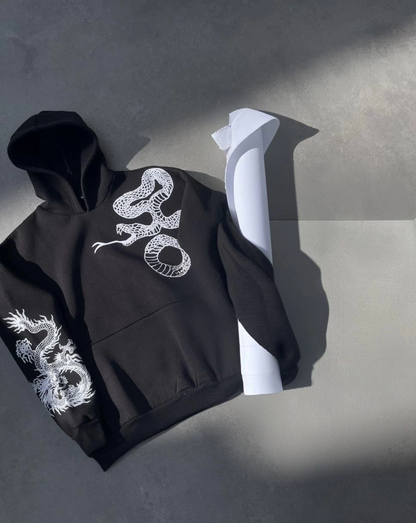 Uzun Kol Kapüşonlu Baskılı SweatShirt - Siyah -