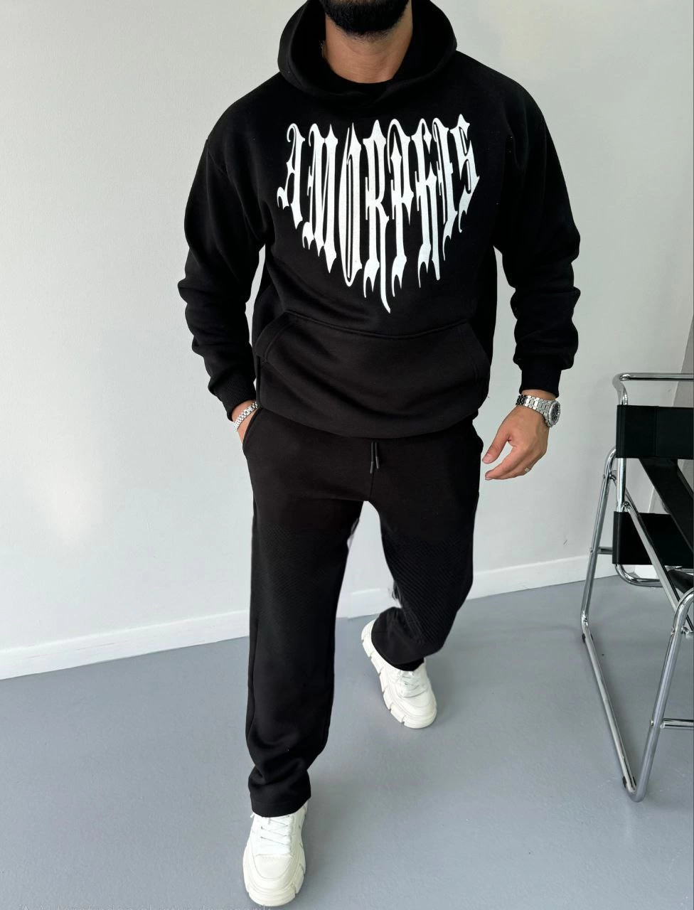 Uzun Kol Kapüşonlu Baskılı SweatShirt - Siyah -