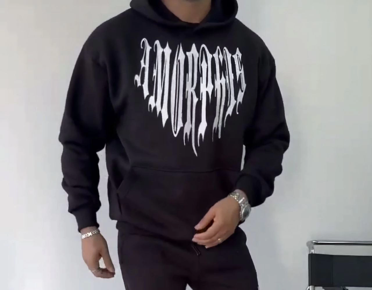 Uzun Kol Kapüşonlu Baskılı SweatShirt - Siyah -