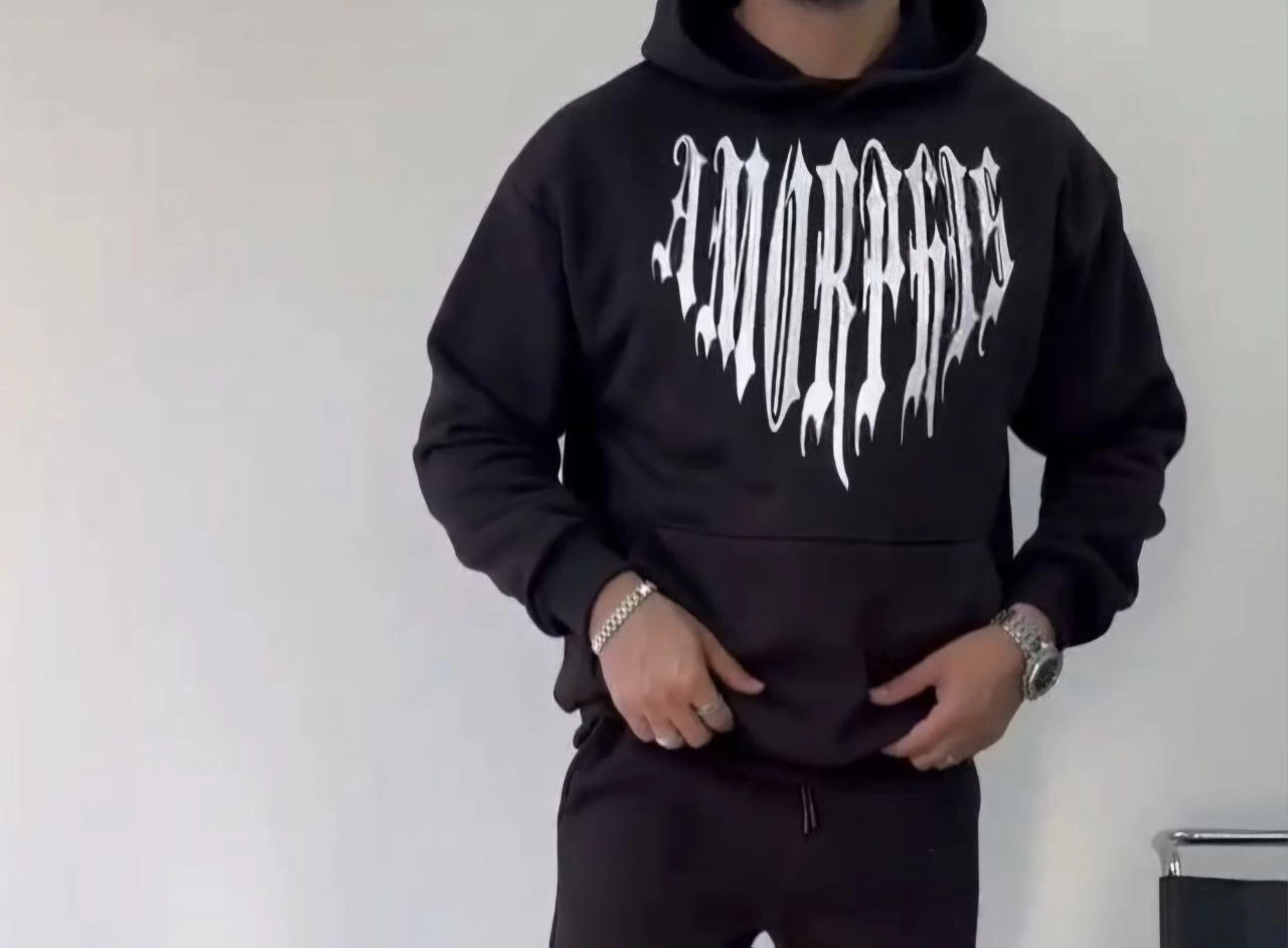 Uzun Kol Kapüşonlu Baskılı SweatShirt - Siyah -
