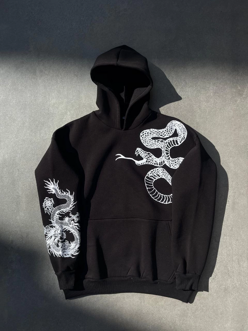 Uzun Kol Kapüşonlu Baskılı SweatShirt - Siyah -