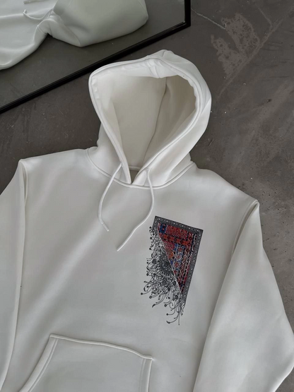 Uzun Kol Kapüşonlu Ön Ve Arka Baskılı SweatShirt - Beyaz -