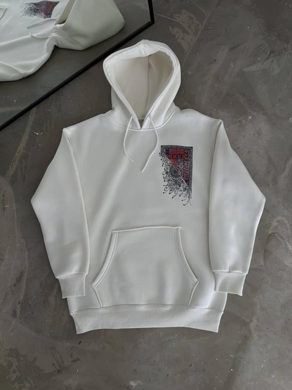 Uzun Kol Kapüşonlu Ön Ve Arka Baskılı SweatShirt - Beyaz -