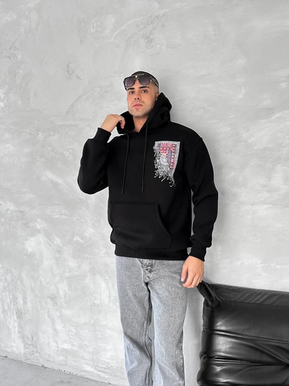 Uzun Kol Kapüşonlu Ön Ve Arka Baskılı SweatShirt - Siyah -