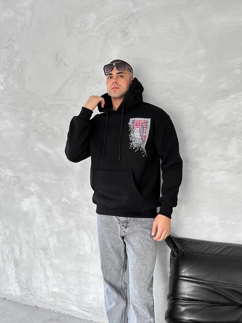 Uzun Kol Kapüşonlu Ön Ve Arka Baskılı SweatShirt - Siyah -