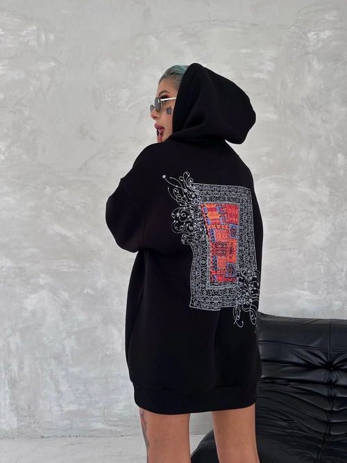 Uzun Kol Kapüşonlu Ön Ve Arka Baskılı SweatShirt - Siyah -