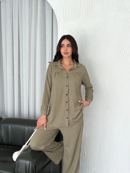 Yakalı Düğmeli Uzun Kollu Gömlek Pantolon ikili Takım - Bej -